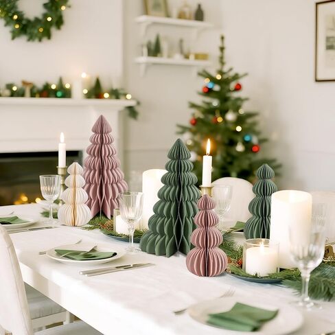 6 Pcs Paper Christmas Tree, Beige, Sage Green and Dusty Pink Tabletop Christmas Decorations with Magnetic Closure, 12" & 6" Foldable Reusable Holiday Trees for Mantel, Table Centerpiece in Saudi Arabia