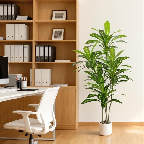 شجرة دراكاينا الاصطناعية بطول 5 أقدام، نبات أرضي داخلي صناعي لديكور المنزل والمكتب، زارع مستدير أبيض مع أحجار زخرفية - UPBUD in Kuwait