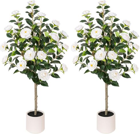 47 inch Artificial Camellia Tree with White Flower Pots -2 Pack White Fake Tree,4 Ft Faux Plants Indoor wich Blooming,Artificial Plants for Indoor & Outdoor Home Front Door Decor in Saudi Arabia
