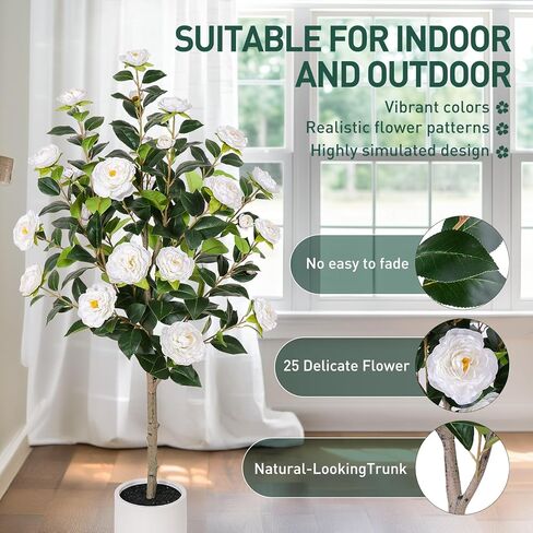47 inch Artificial Camellia Tree with White Flower Pots -2 Pack White Fake Tree,4 Ft Faux Plants Indoor wich Blooming,Artificial Plants for Indoor & Outdoor Home Front Door Decor in Saudi Arabia