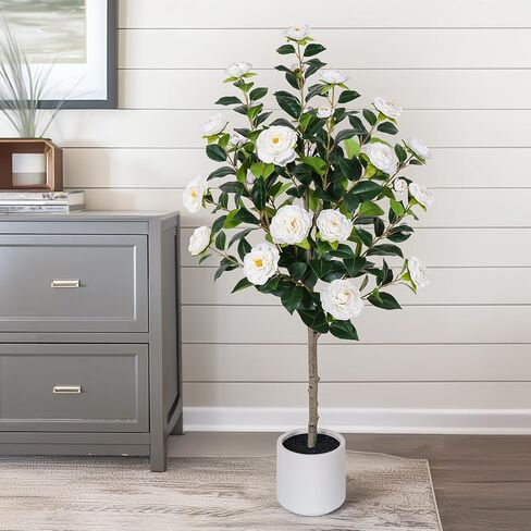 47 inch Artificial Camellia Tree with White Flower Pots -2 Pack White Fake Tree,4 Ft Faux Plants Indoor wich Blooming,Artificial Plants for Indoor & Outdoor Home Front Door Decor in Saudi Arabia