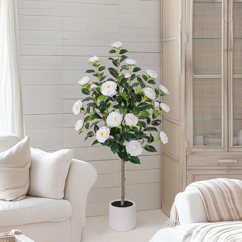 47 inch Artificial Camellia Tree with White Flower Pots -2 Pack White Fake Tree,4 Ft Faux Plants Indoor wich Blooming,Artificial Plants for Indoor & Outdoor Home Front Door Decor in Saudi Arabia
