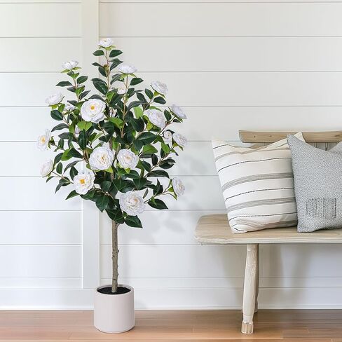 47 inch Artificial Camellia Tree with White Flower Pots -2 Pack White Fake Tree,4 Ft Faux Plants Indoor wich Blooming,Artificial Plants for Indoor & Outdoor Home Front Door Decor in Saudi Arabia