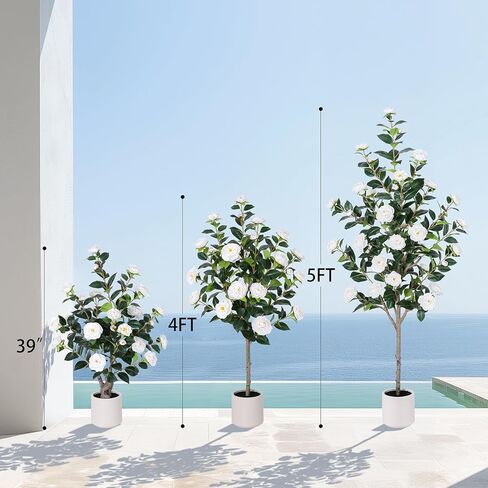 47 inch Artificial Camellia Tree with White Flower Pots -2 Pack White Fake Tree,4 Ft Faux Plants Indoor wich Blooming,Artificial Plants for Indoor & Outdoor Home Front Door Decor in Saudi Arabia