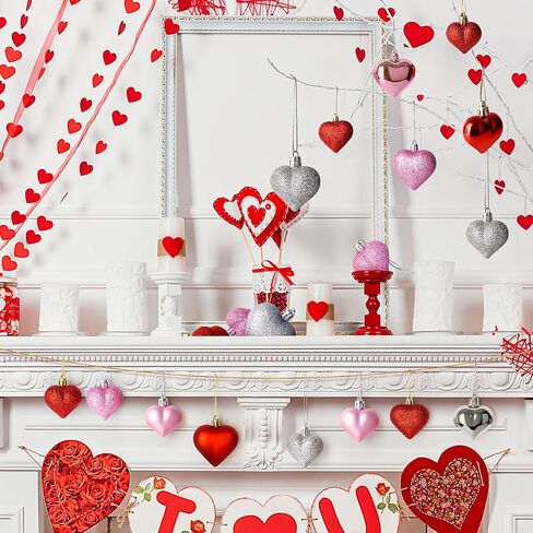 36 قطعة من زخارف القلب، مقاسين من الحلي المعلقة بألوان فضية حمراء وردية، حلي لامعة لديكور يوم الحب، ديكورات لحفلات الزفاف in Kuwait