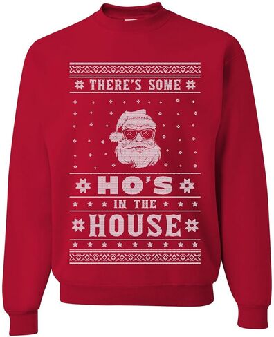 سترة Wild Bobby Theres Some Hos in the House Santa Ugly Christmas للجنسين، سويت شيرت برقبة دائرية، أسود، مقاس كبير in Kuwait