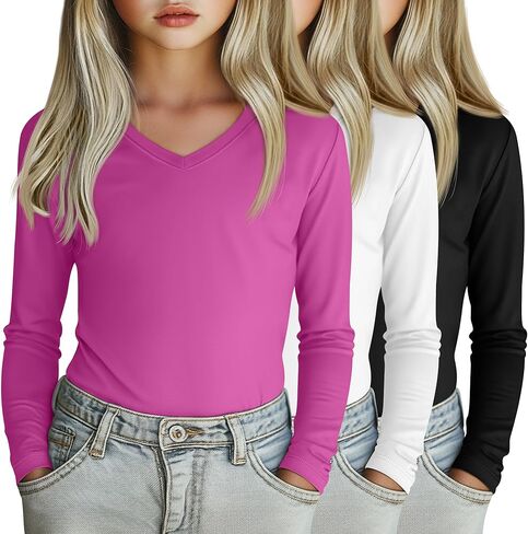 3 Pack Girl's Long Sleeve Shirts, Soft V Neck Kids Tops Fall Loose Fit Basic Tee Casual T Shirts for 3-16 Years in Kuwait