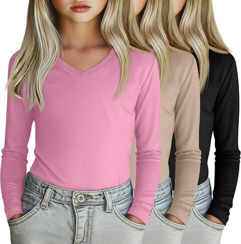 3 Pack Girl's Long Sleeve Shirts, Soft V Neck Kids Tops Fall Loose Fit Basic Tee Casual T Shirts for 3-16 Years in Kuwait