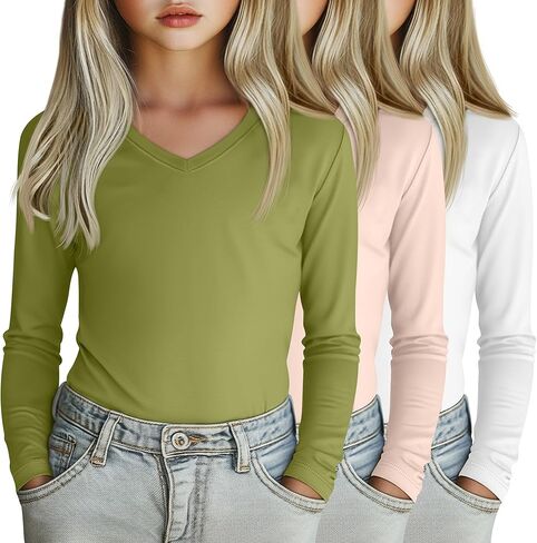 3 Pack Girl's Long Sleeve Shirts, Soft V Neck Kids Tops Fall Loose Fit Basic Tee Casual T Shirts for 3-16 Years in Kuwait