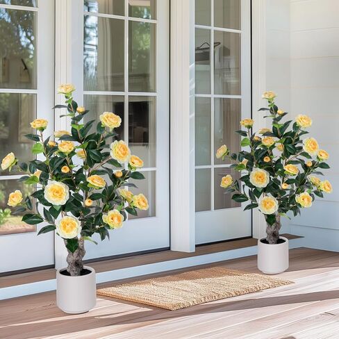 47 inch Artificial Camellia Tree with White Flower Pots -2 Pack White Fake Tree,4 Ft Faux Plants Indoor wich Blooming,Artificial Plants for Indoor & Outdoor Home Front Door Decor in Saudi Arabia