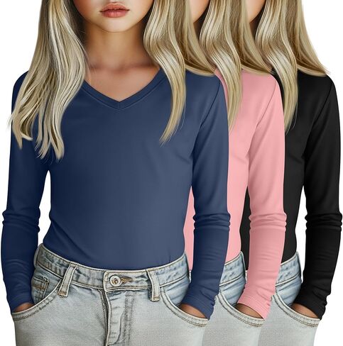 3 Pack Girl's Long Sleeve Shirts, Soft V Neck Kids Tops Fall Loose Fit Basic Tee Casual T Shirts for 3-16 Years in Kuwait