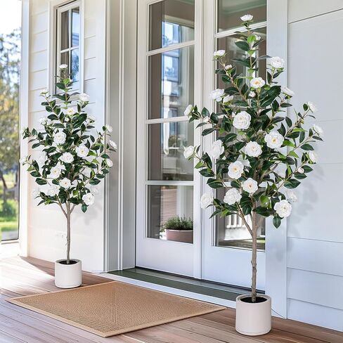 47 inch Artificial Camellia Tree with White Flower Pots -2 Pack White Fake Tree,4 Ft Faux Plants Indoor wich Blooming,Artificial Plants for Indoor & Outdoor Home Front Door Decor in Saudi Arabia