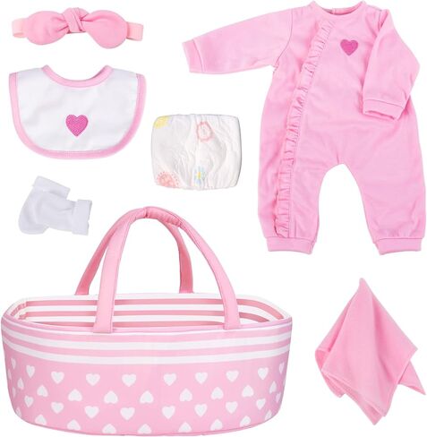 AORI 9 PCS Reborn Baby Dolls الزي مجموعة مع إكسسوارات bassinet لدمية الطفل 17-22 بوصة ، وسرير الناقل الأزرق وملابس دمية الطفل تناسب دمى الأطفال حديثي الولادة in Kuwait