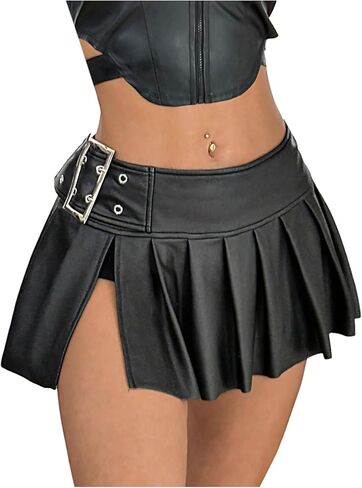 تنورة نسائية صغيرة ذات ثنيات Y2K من SweatyRocks بإبزيم عالي الخصر من الجلد الصناعي in Kuwait