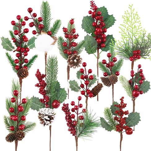 8pc Christmas Berries Red Stems Evergreen Pine Branch, Christmas Picks Spray Artificial Pine Cones Holly Stem Craft Winter Holiday Floral Picks for Décor DIY Xmas Garland Wreath Ornament(0129) in Kuwait