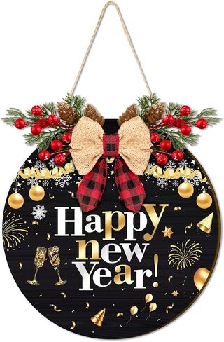 11.8 Inch Happy New Year Door Sign with Bow Rustic Round Wood Wreaths Front Door Hanging Sign for Christmas Door Wall Decoration (New Year-1) in Saudi Arabia