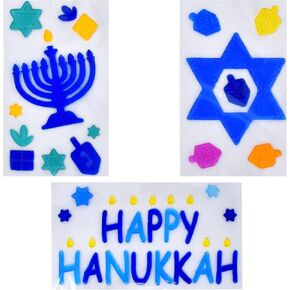 Gift Boutique - Hanukkah Window Gel Clings Decorations 3 Pack Happy Hanukkah Menorah & Star of David Gels Cling Reusable Removable Holiday Stickers Decals Design for Sliding Glass Doors Party Supplies in Kuwait