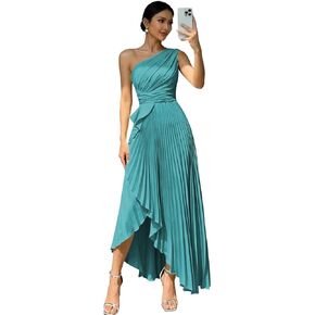 SNOWROSE فساتين وصيفة العروس بكتف واحد للنساء من الساتان طويل مطوي على شكل حرف A فستان سهرة رسمي مع فتحة in Kuwait