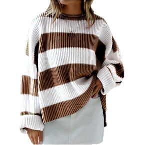 SHENHE Women's Plus Size Crew Neck Long Sleeve Striped Casual Loose Pullover Sweater in Saudi Arabia