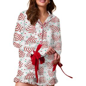Faretumiya Women Cute Christmas Silk Pajama Bow Tie 2 Piece Xmas Print Pjs Long Sleeve Shirt Ruffle Shorts Set Loungewear in Kuwait