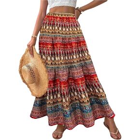 تنورة نسائية طويلة من GORGLITTER بتصميم بوهو غربي مكشكش ومتأنق كاجوال عصري للخريف بخصر عالٍ وكتلة ملونة تنانير طويلة in Kuwait