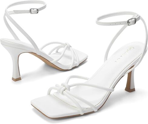 Kitten Strappy Heels for Women Square Open Toe Knotted Heels Ankle Strap Mid Heeled Sandals with Buckle in Saudi Arabia
