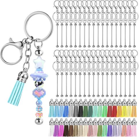 Draupnir 36 Pcs Beadable Keychains Bars, Silver Beadable Keychain Bars Bulk Blank for Keychain Making and 36 Colorful Leather Keychain Tassel, Keychain Making kit for DIY Crafts Women Men Gift in Saudi Arabia