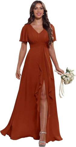 Women's V Neck Ruffle Chiffon Bridesmaid Dresses with Pockets 2025 A Line Formal Wedding Guest Gowns with Slit in Saudi Arabia