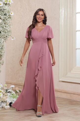 Women's V Neck Ruffle Chiffon Bridesmaid Dresses with Pockets 2025 A Line Formal Wedding Guest Gowns with Slit in Saudi Arabia