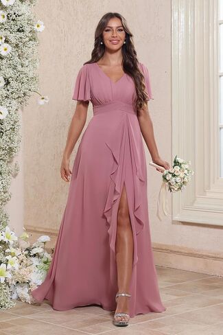 Women's V Neck Ruffle Chiffon Bridesmaid Dresses with Pockets 2025 A Line Formal Wedding Guest Gowns with Slit in Saudi Arabia