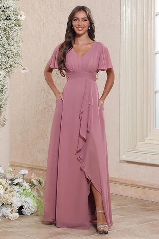 Women's V Neck Ruffle Chiffon Bridesmaid Dresses with Pockets 2025 A Line Formal Wedding Guest Gowns with Slit in Saudi Arabia