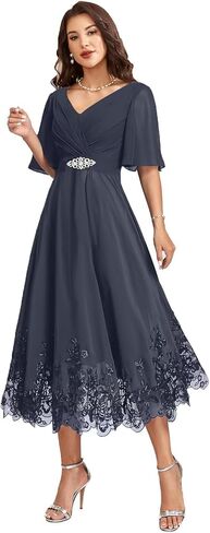 Women Tea Length Chiffon Mother of The Bride Dresses for Wedding V Neck Grandmother Groom Dress with 1/2 Sleeves in Saudi Arabia
