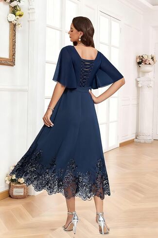 Women Tea Length Chiffon Mother of The Bride Dresses for Wedding V Neck Grandmother Groom Dress with 1/2 Sleeves in Saudi Arabia