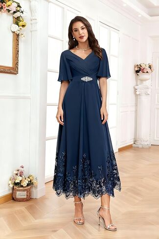 Women Tea Length Chiffon Mother of The Bride Dresses for Wedding V Neck Grandmother Groom Dress with 1/2 Sleeves in Saudi Arabia