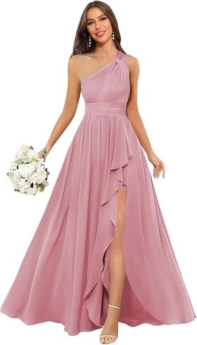 Chiffon One Shoulder Bridesmaid Dress with Slit Sleeveless Long A Line Formal Dress for Women in Saudi Arabia