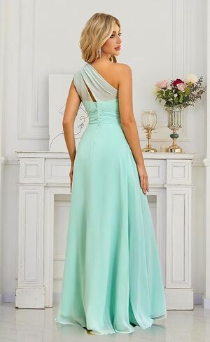 Chiffon One Shoulder Bridesmaid Dress with Slit Sleeveless Long A Line Formal Dress for Women in Saudi Arabia