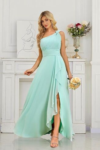 Chiffon One Shoulder Bridesmaid Dress with Slit Sleeveless Long A Line Formal Dress for Women in Saudi Arabia