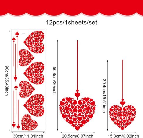 Valentine Windows Stickers Red Heart Wall Decals Romantic Love Heart Decals for Glass Windows/Doors Cling Mixed Peach Shaped Hearts Design Removable Wall Decor for Valentine Party Home & Store in Saudi Arabia