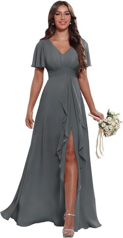 Women's V Neck Ruffle Chiffon Bridesmaid Dresses with Pockets 2025 A Line Formal Wedding Guest Gowns with Slit in Saudi Arabia