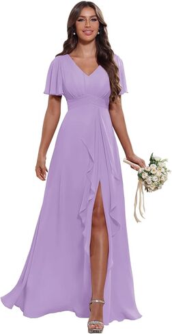 Women's V Neck Ruffle Chiffon Bridesmaid Dresses with Pockets 2025 A Line Formal Wedding Guest Gowns with Slit in Saudi Arabia