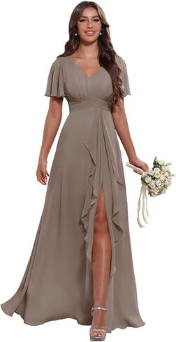 Women's V Neck Ruffle Chiffon Bridesmaid Dresses with Pockets 2025 A Line Formal Wedding Guest Gowns with Slit in Saudi Arabia
