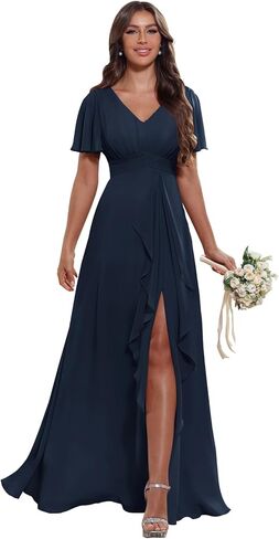 Women's V Neck Ruffle Chiffon Bridesmaid Dresses with Pockets 2025 A Line Formal Wedding Guest Gowns with Slit in Saudi Arabia