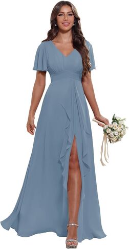 Women's V Neck Ruffle Chiffon Bridesmaid Dresses with Pockets 2025 A Line Formal Wedding Guest Gowns with Slit in Saudi Arabia