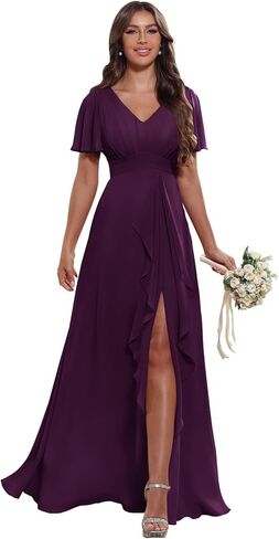 Women's V Neck Ruffle Chiffon Bridesmaid Dresses with Pockets 2025 A Line Formal Wedding Guest Gowns with Slit in Saudi Arabia