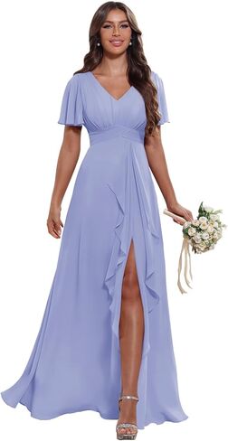 Women's V Neck Ruffle Chiffon Bridesmaid Dresses with Pockets 2025 A Line Formal Wedding Guest Gowns with Slit in Saudi Arabia