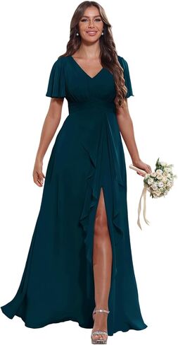 Women's V Neck Ruffle Chiffon Bridesmaid Dresses with Pockets 2025 A Line Formal Wedding Guest Gowns with Slit in Saudi Arabia