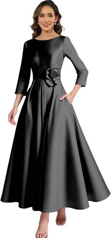 Mother of The Bride Dresses Tea Length Satin 3/4 Sleeve 3D Flower Formal Wedding Guest Dress with Pocket in Saudi Arabia