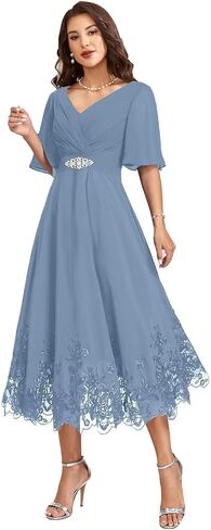 Women Tea Length Chiffon Mother of The Bride Dresses for Wedding V Neck Grandmother Groom Dress with 1/2 Sleeves in Saudi Arabia