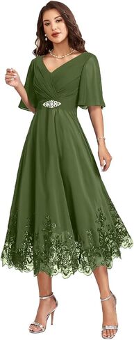 Women Tea Length Chiffon Mother of The Bride Dresses for Wedding V Neck Grandmother Groom Dress with 1/2 Sleeves in Saudi Arabia