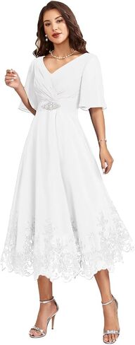 Women Tea Length Chiffon Mother of The Bride Dresses for Wedding V Neck Grandmother Groom Dress with 1/2 Sleeves in Saudi Arabia